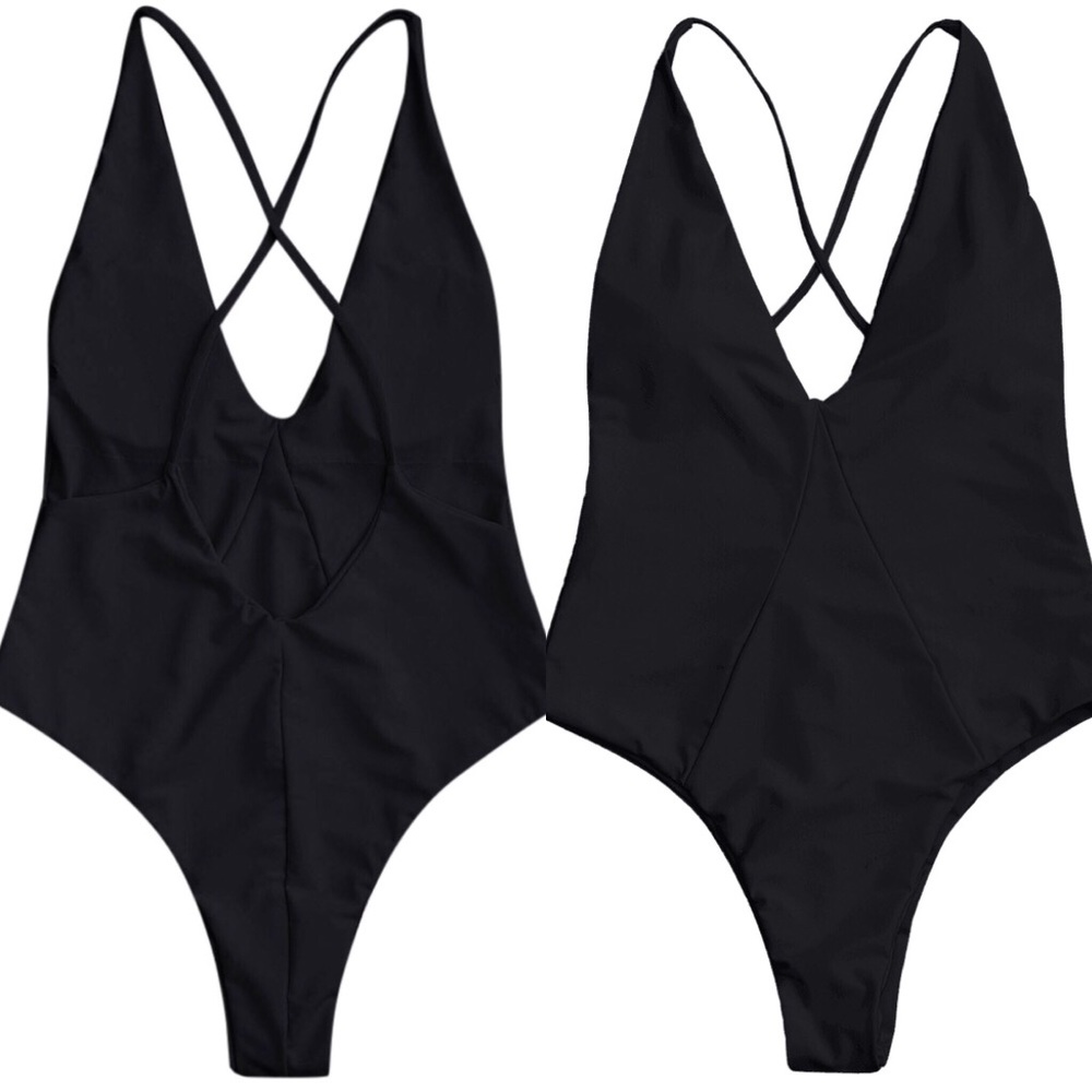 Deep V Criss Cross Back One Piece Swim Black